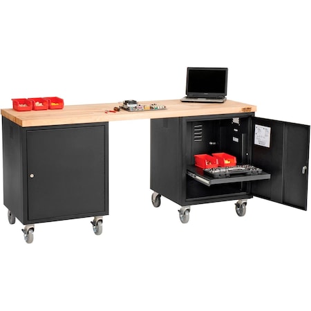 Global Industrial Mobile Pedestal Workbench, 72 x 24in, Maple Butcher Block Square Edge, Black 318655BK